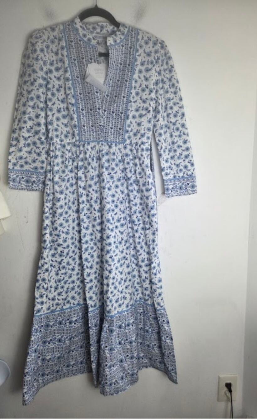 NWT Pink City Prints Blue Floral V-Neck 100% Cotton "Stella" Midi Dress size XS